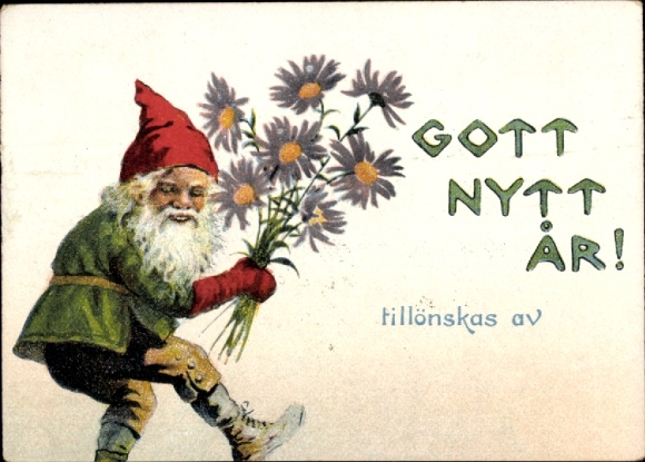 Artist Postcard Nyström, Jenny, Happy New Year, Dwarf with Flowers