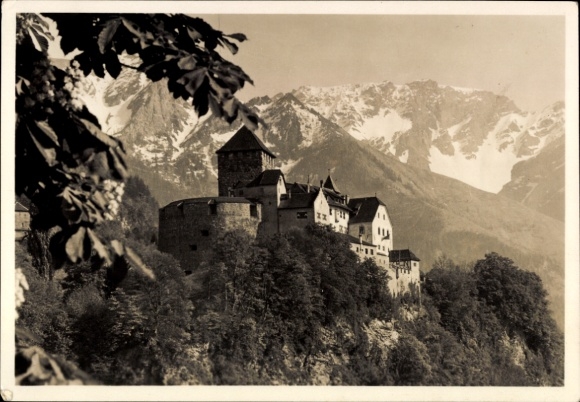Vaduz, Liechtenstein, Berge Castle in the background, trees in the foreground