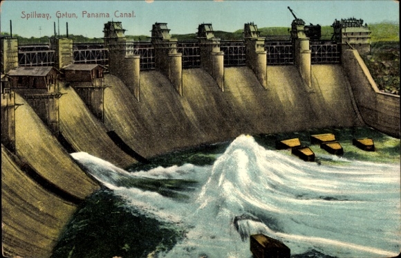Postcard Panama Canal Panama, dam, water flow, ships, Gatun, Panama Canal
