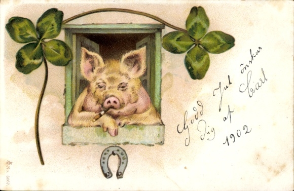 Postcard Smoking Pig, Lucky Clover, Horseshoe