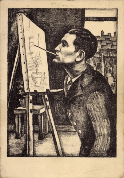 Artist Postcard Stegmann, Arnulf Erich, Self-portrait drawn with the mouth