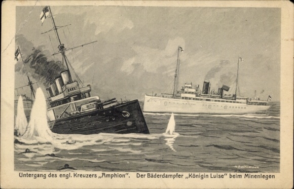 Artist Ak, sinking of the English cruiser Amphion, steamer Queen Louise laying mines