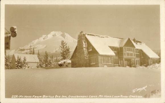 Postcard Mount Hood Oregon USA, view of Mt. Hood, snow, Battle Axe Inn, forest, mountains