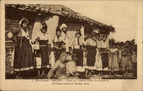 Postcard Mikros Prinos Greece, women and girls in Sunday dresses