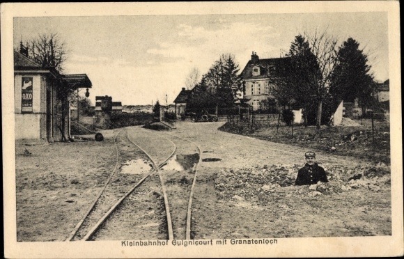 PC Guignicourt Aisne, Kleinbahnhof, grenade hole, soldier, tracks, war destruction, I. WW