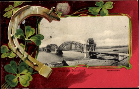 Passepartout Postcard Düsseldorf on the Rhine, The Rhine Bridge, Horseshoes, Cloverleaves