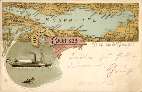 Map lithograph Lake Constance, steamer, optical illusion