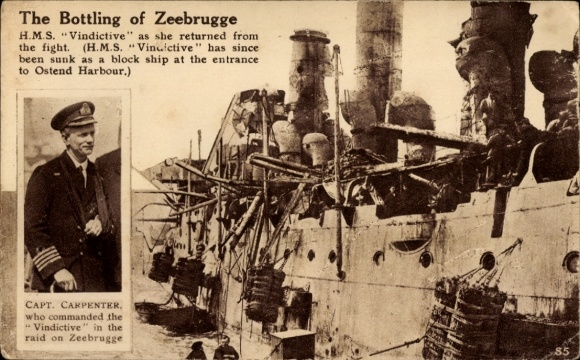 British warship HMS Vindictive after the Battle of Zeebrugge, Captain Carpenter