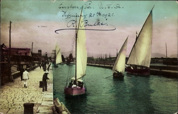 Postcard Easton Pennsylvania USA, harbors, boats with sails, waterway, people on the shore