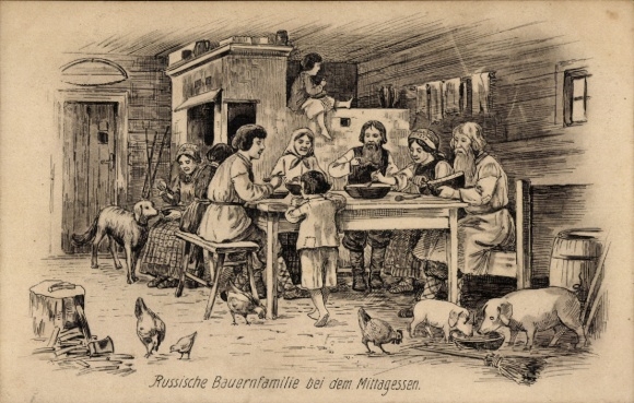 Artist Postcard Russia, Russian peasant family at lunch, dog, pigs, chickens