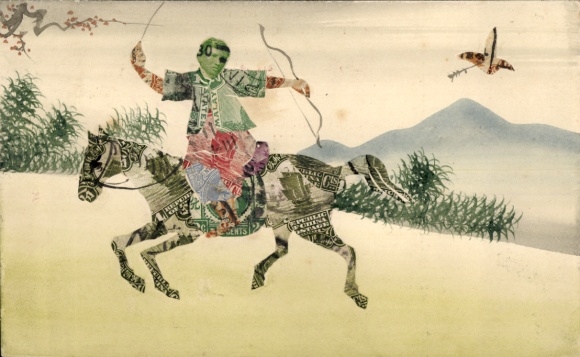 Postage stamps, collage, man on horseback, China