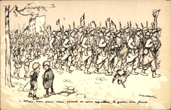Artist Postcard Poulbot, Francisque, Children watching marching soldiers