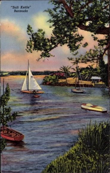Postcard Bermuda, "Salt Kettle", sailboats, coastal landscape, palm trees, storm wood