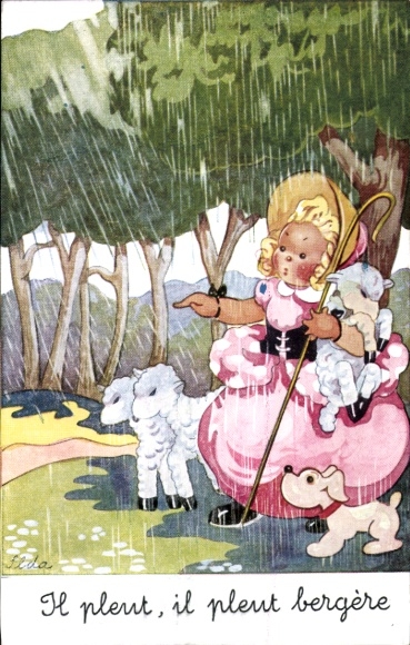 Artist Postcard girl, shepherdess, sheep, dog, rainy weather