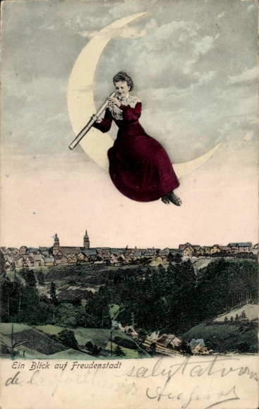 Freudenstadt in the Black Forest, general view, woman with telescope on crescent moon