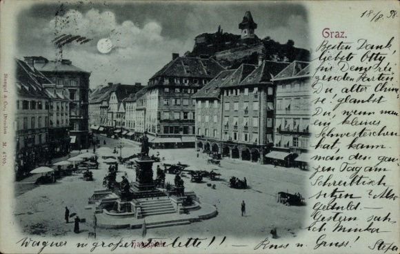 Moonlight, Graz, Styria, main square with monument, market stalls, commercial buildings