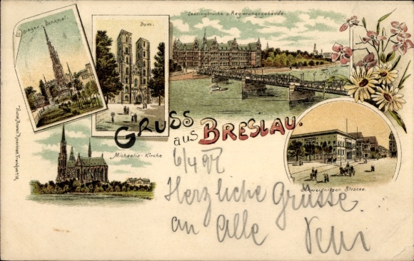 Lithograph Wrocław Breslau Silesia, Victory Monument, Cathedral, Lessing Bridge, Schweidnitzer Street