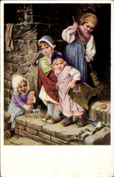 Artist Postcard Kaulbach, Hermann, Make way, Girl with broom, Children, Toys