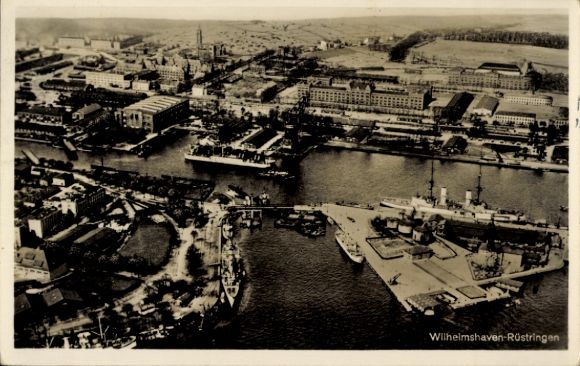 Postcard Rüstringen Wilhelmshaven in Lower Saxony, warships in the harbor, aerial photograph
