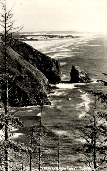 Postcard Newport Oregon USA, coastal landscape, ocean, rocks, trees, black and white photo