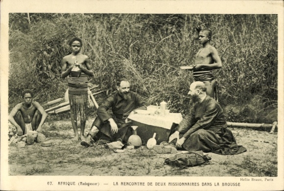 Postcard Madagascar, missionaries and locals