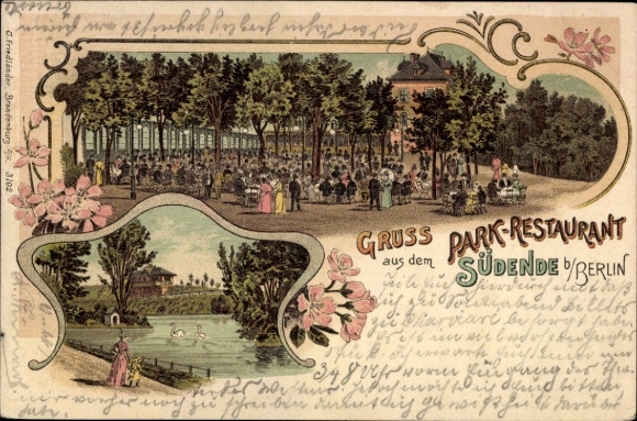 Lithograph Berlin Steglitz Südende, Park-Restaurant, Garden