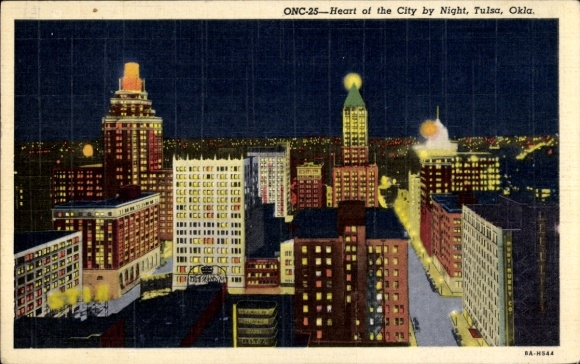Postcard Tulsa Oklahoma USA, city view at night, illuminated buildings,