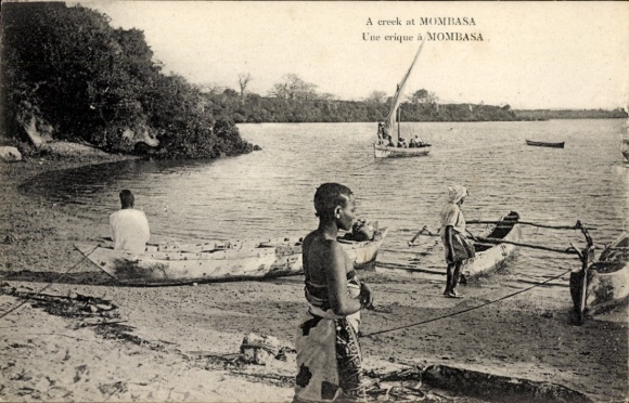 Postcard Mombasa Kenya, stream in fishermen, boats, landscape, people