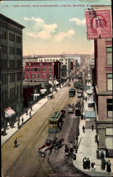 Postcard Seattle Washington USA, view of Pike Street, buildings, tram, people, vehicles