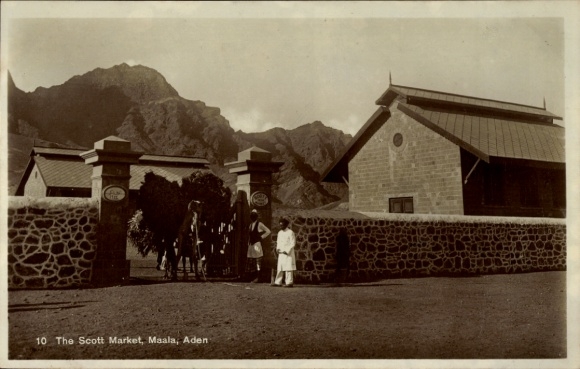 Postcard Aden Yemen, Scott Market, people, mountains, Aden