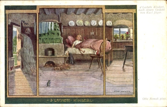 Artist Postcard Nowak, O., s' Lachete Kinderl, poem by Karl Jäger