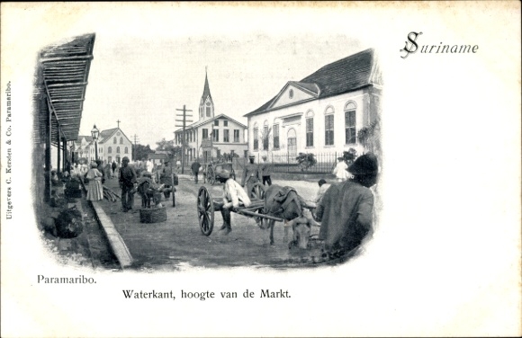 Postcard Paramaribo Suriname, Waterkant, hoogte van de Markt