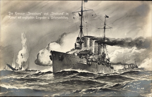 Artist Postcard Stöwer, Willy, German cruisers Strassburg and Stralsund, English torpedo boats and submarines