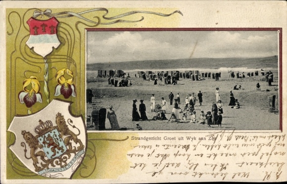 Embossed coat of arms passepartout Postcard Wijk aan Zee Beverwijk North Holland Netherlands, beach