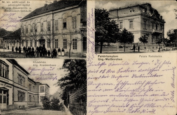 Postcard Bela Crkva Fehértemplom Weißkirchen Serbia, Tax Office Building, Hospital, Radulovics Palace