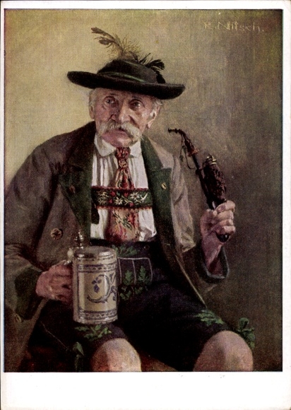 Artist Postcard Nitsch, R., German Empire, folk costumes, Bavarian farmer from Bad Tölz, pipe