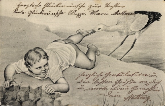 Chromo-Litho birth, baby, stork