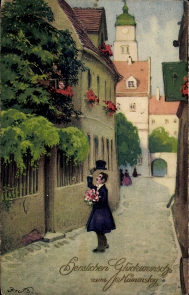 Artist Postcard Baumgarten, Fritz, Congratulations on your name day, Man with bouquet of flowers, Meissen Book 2989