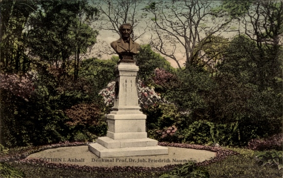 Köthen, Köthen in Anhalt, monument to Prof. Dr. Joh. Friedrich Naumann, bust, flowerbed