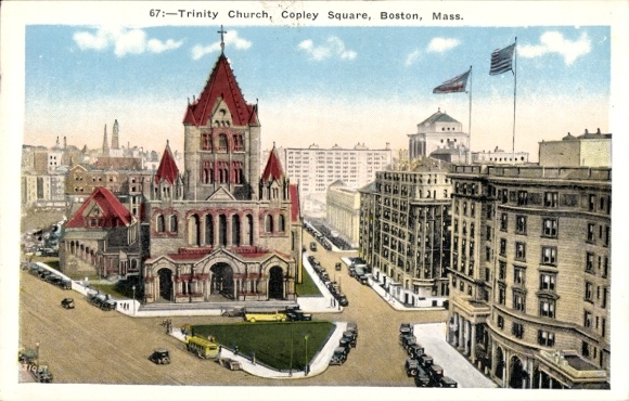 Postcard Boston Massachusetts USA, Trinity Church, Copley Square, Copley Plaza Hotel, old churches, Bo