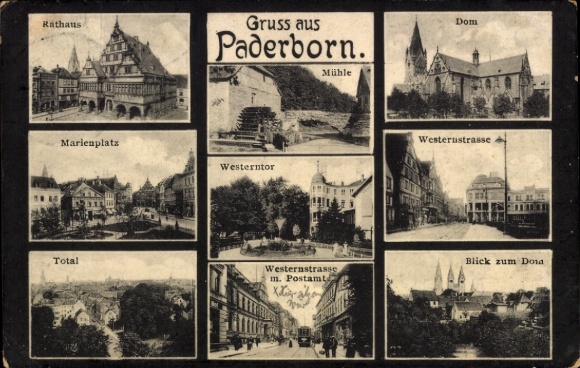 Paderborn in North Rhine-Westphalia, Westernstraße, watermill, Marienplatz, town hall, cathedral