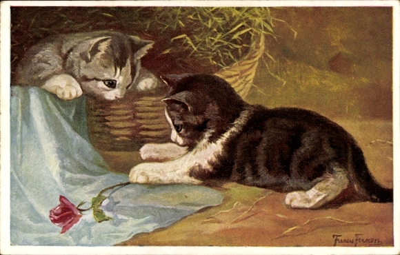 Artist Postcard Fernon, F., Two cats playing with a rose