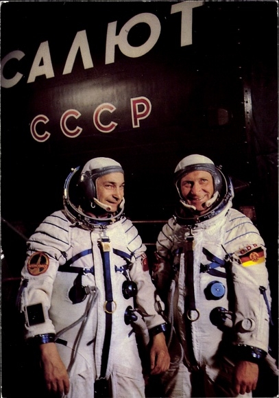 Postcard Joint cosmic flight, USSR, GDR, Sigmund Jähn, Waleri Bykowski