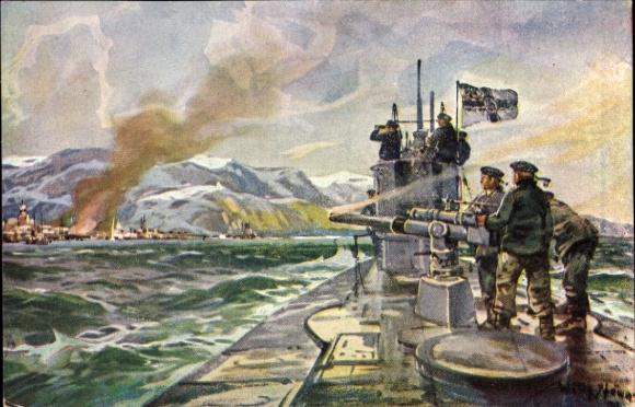 Artist Postcard Willy Stöwer, German submarine in the Arctic Ocean, shelling of Alexandrovsk, submarine donation