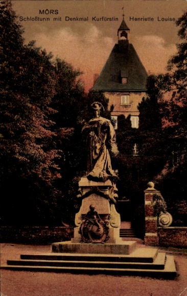 Postcard Mors, Denmark, castle tower, monument to Electress Henriette Louise, statue, park