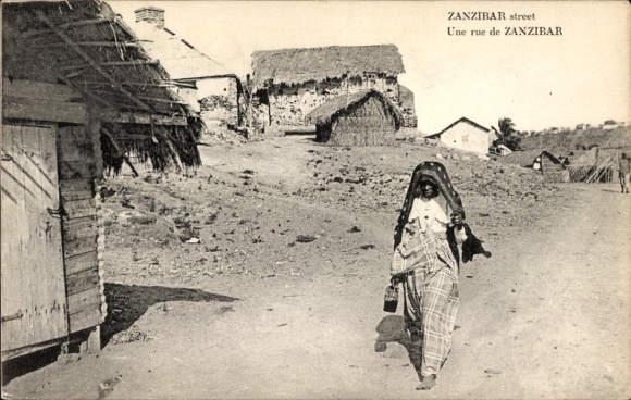 Postcard Zanzibar Tanzania, street, woman, residential buildings