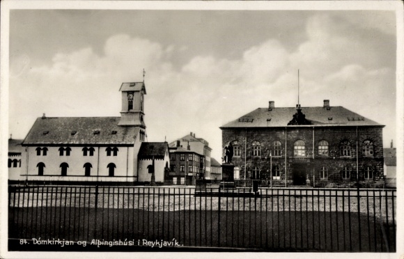 Postcard Reykjavík Iceland, Dómkirkjan, Alþingishúsi, Architecture, Building, Historical