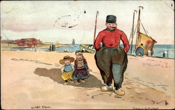 Artist Ak, father with children in Dutch costumes, boats