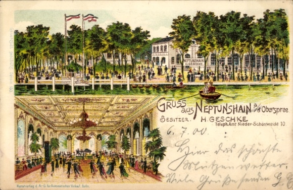 Lithograph Berlin Treptow Niederschöneweide, Neptunshain on the Oberspree, owned by H. Geschke