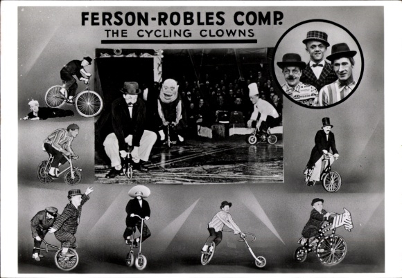Postcard Ferson Robles Comp., bicycle-riding clowns